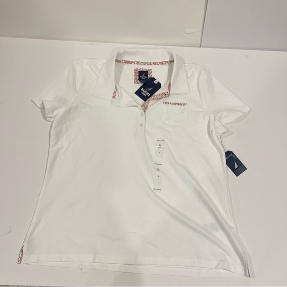 Nautica Jeans White Floral Printed-Trim Pocket Core Polo Shirt Size XL - Reemoly - Picture 2 of 7